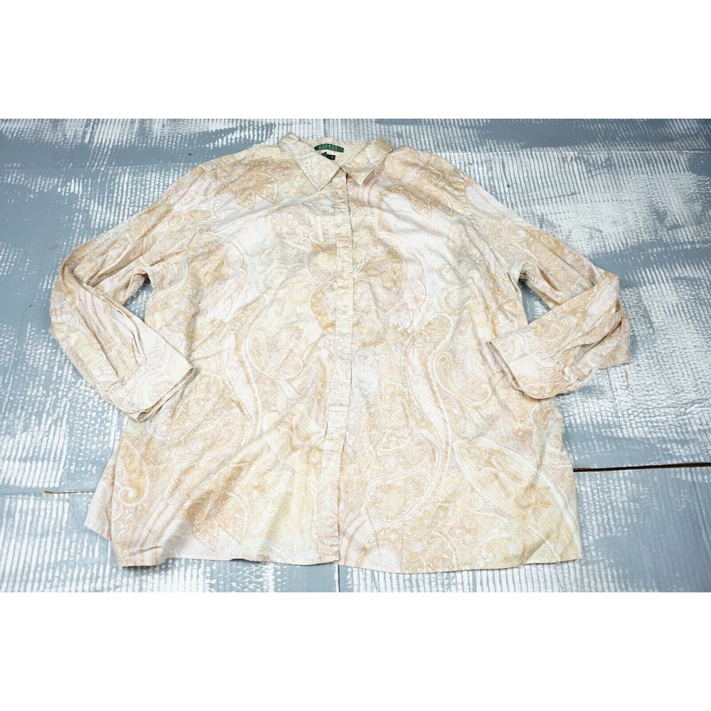 Lauren Ralph Lauren top women 3X tan Paisley long sleeve  button up collared
